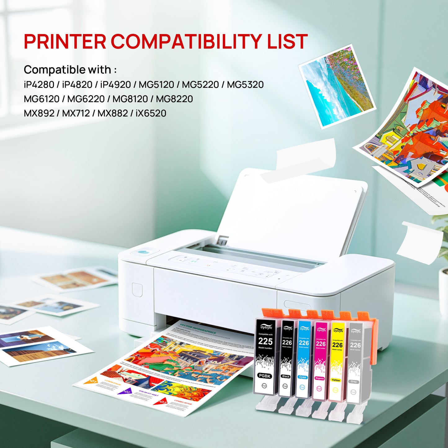 PGI225 CLI226 Ink Cartridges Replacement for Canon PGI-225 CLI-226 Ink 6 Color to use with PIXMA MG6120 MG6220 MG5320 MX882 Printer ( PGBK, Black, Cyan, Magenta, Yellow, Gray, Combo Pack)