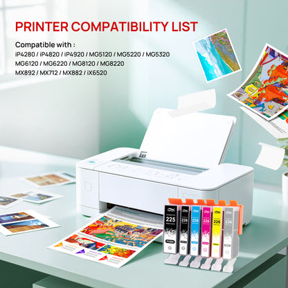 PGI225 CLI226 Ink Cartridges Replacement for Canon PGI-225 CLI-226 Ink 6 Color to use with PIXMA MG6120 MG6220 MG5320 MX882 Printer ( PGBK, Black, Cyan, Magenta, Yellow, Gray, Combo Pack)