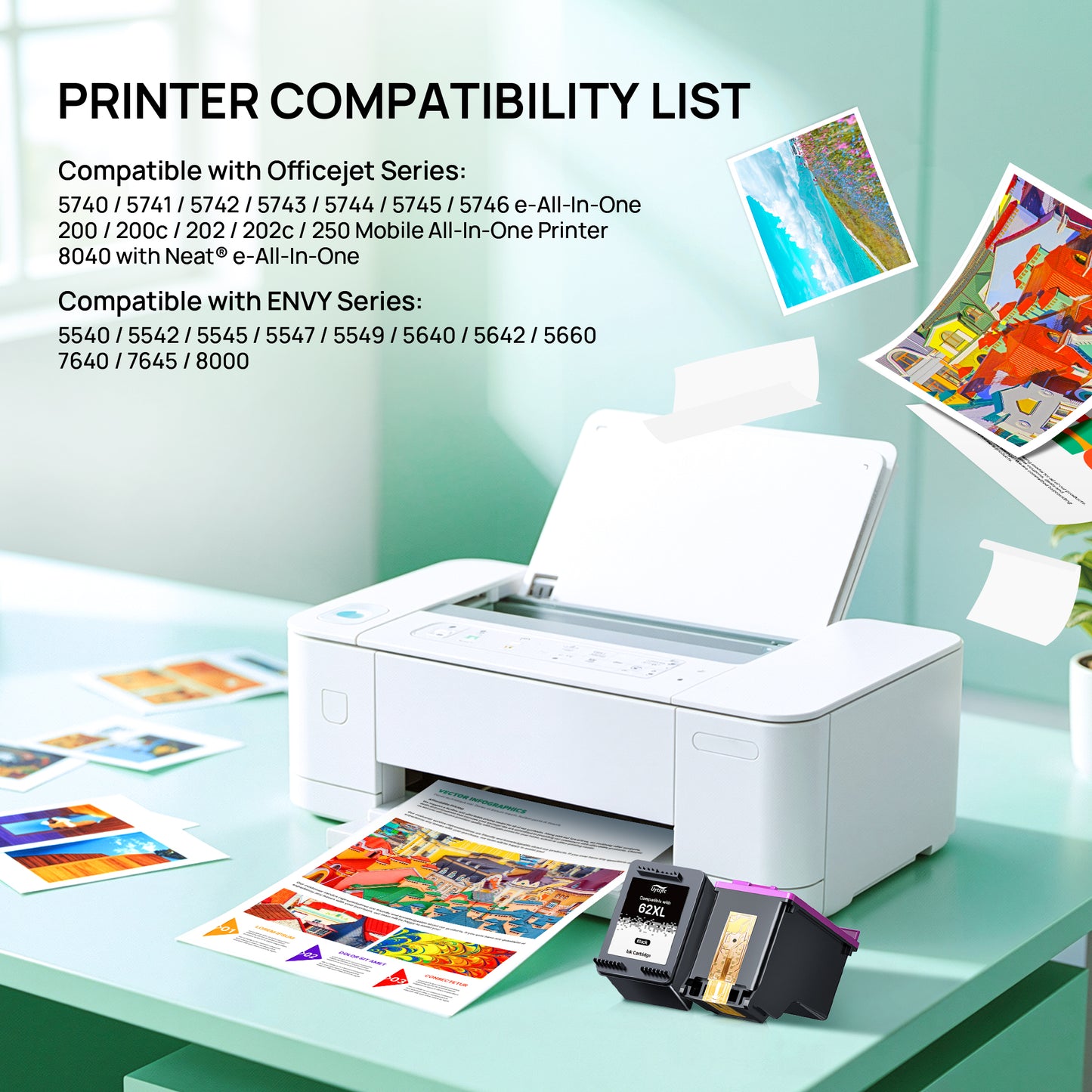 62XL 62 Ink Cartridges Remanufactured Replacement for HP 62 62XL Ink Cartridge Black and Color Combo Pack Work with Envy 7640 7645 5660 5540 5740 5746 OfficeJet 250 200 Printer, Black,Tri-Color