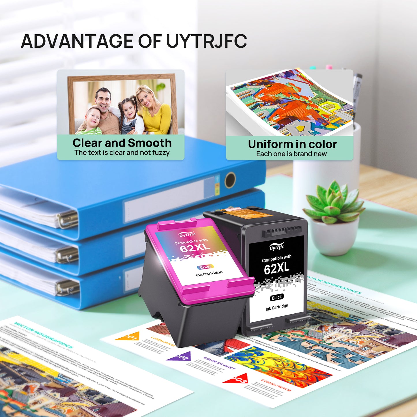 62XL 62 Ink Cartridges Remanufactured Replacement for HP 62 62XL Ink Cartridge Black and Color Combo Pack Work with Envy 7640 7645 5660 5540 5740 5746 OfficeJet 250 200 Printer, Black,Tri-Color