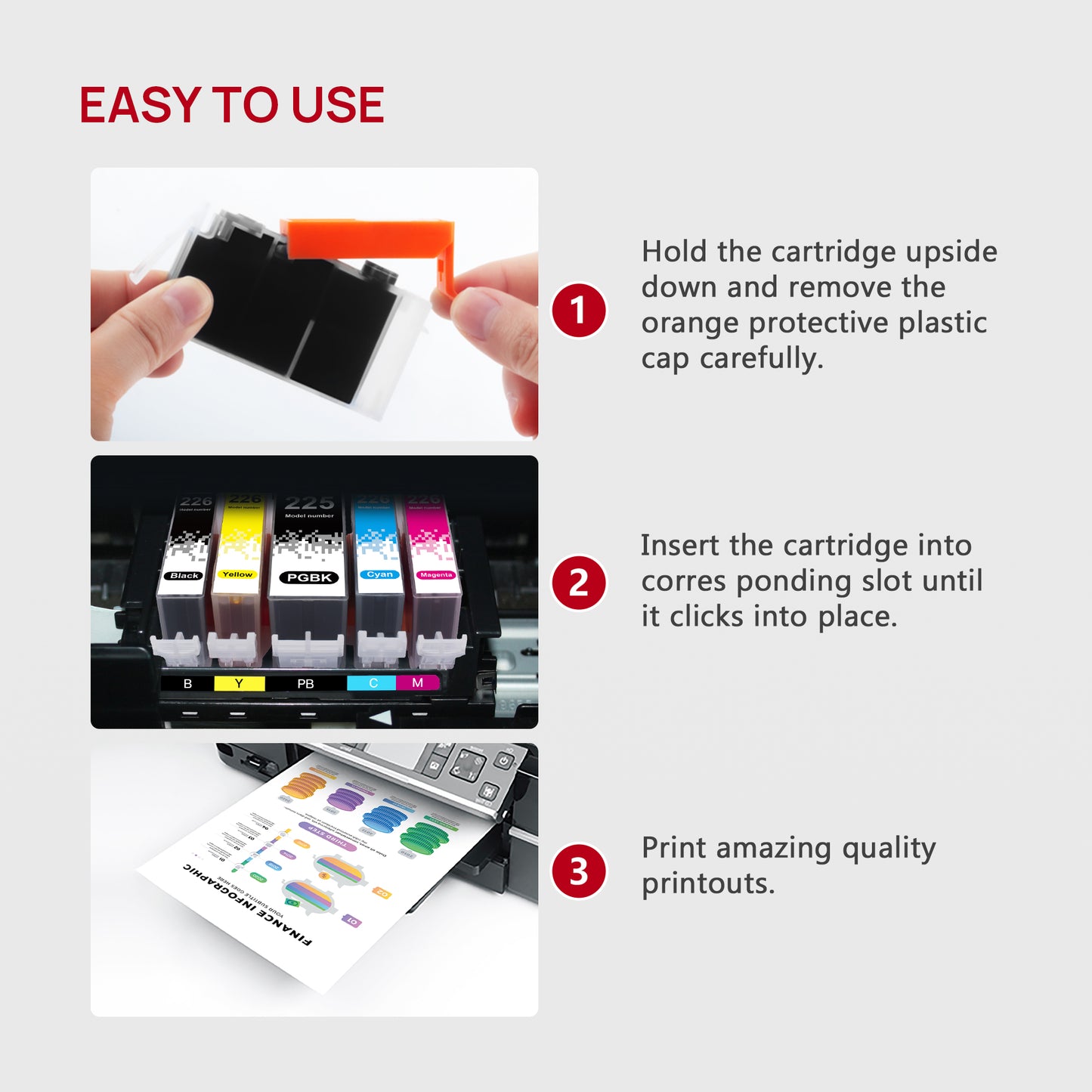 PGI225 CLI226 Ink Cartridges Replacement for Canon PGI-225 CLI-226 Ink 6 Color to use with PIXMA MG6120 MG6220 MG5320 MX882 Printer ( PGBK, Black, Cyan, Magenta, Yellow, Gray, Combo Pack)