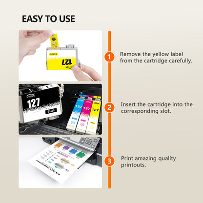 Remanufactured Ink Cartridges Replacement for Epson 127 T127 to use with NX530 625 WF-3520 WF-3530 WF-3540 WF-7010 WF-7510 7520 545 645 (4 Pack)