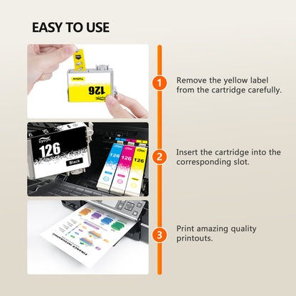 Remanufactured Ink Cartridge Replacement for Epson 126 T126 to use with Workforce 435 520 545 635 645 WF-3520 WF-3530 WF-3540 WF-7010 (4 Pack)