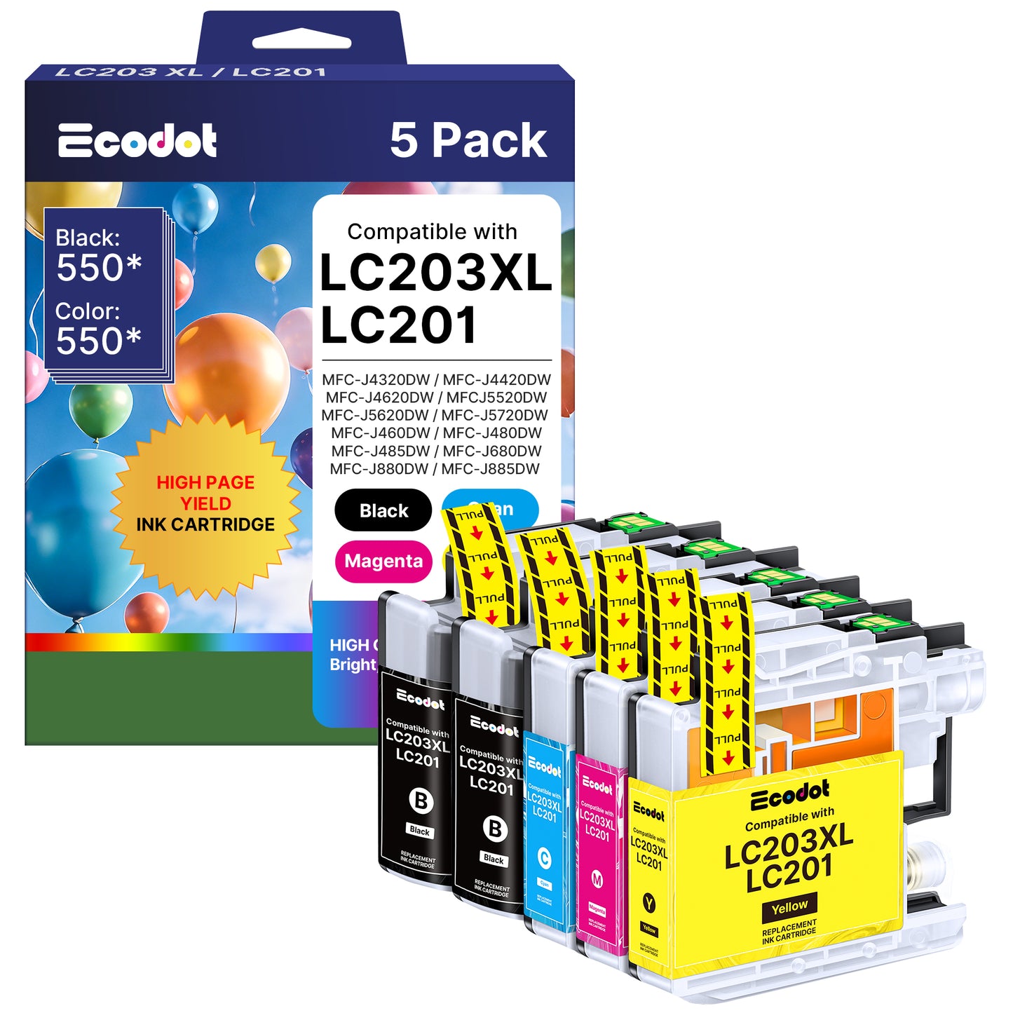 LC203XL LC201 Ink Cartridges Compatible for Brother LC203 LC203XL Work for Brother MFC-J480DW MFC-J880DW MFC-J4420DW MFC-J680DW MFC-J885DW MFC-4320DW(5 Pack)