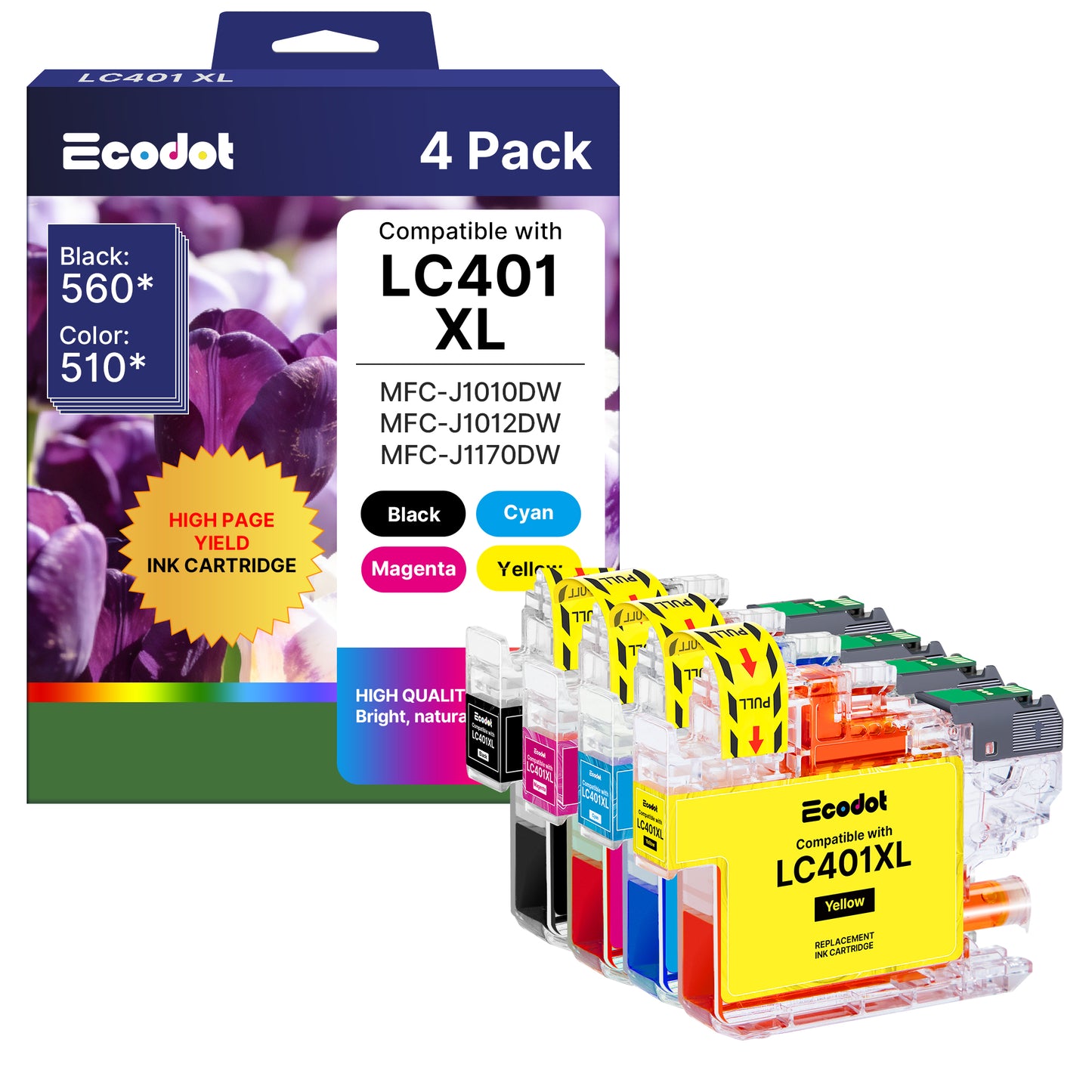 LC401XL LC401 Ink Cartridges Compatible for Brother LC401XL High Yield Work with MFC-J1010DW MFC-J1170DW MFC-J1012DW MFC-J1800DW Printer  4 Pack( Black Cyan Magenta Yellow)