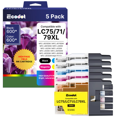 LC75 LC71 LC79 XL Ink Cartridges Compatible for Brother LC75 LC71 Ink Work with Brother MFC J280W J825DW J430W J835DW J625DW J425W J6710DW J280W J6910DW J5910DW J6510DW J435W Printer, 5 Pack