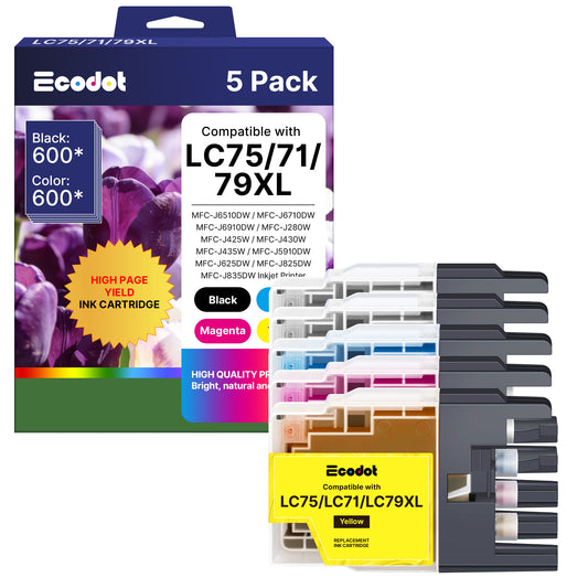 LC75 LC71 LC79 XL Ink Cartridges Compatible for Brother LC75 LC71 Ink Work with Brother MFC J280W J825DW J430W J835DW J625DW J425W J6710DW J280W J6910DW J5910DW J6510DW J435W Printer, 5 Pack