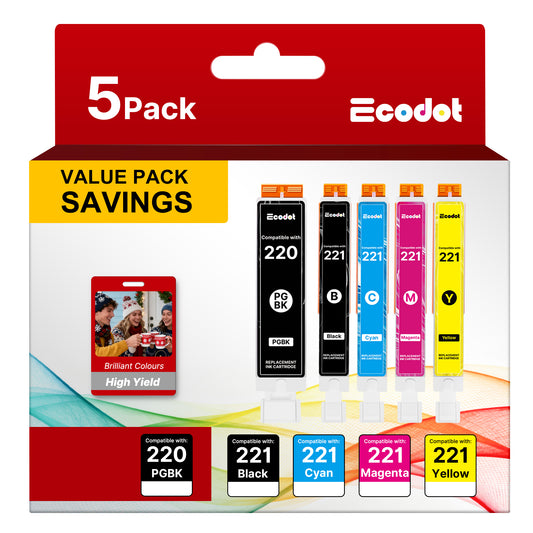 PGI-220 CLI-221 Ink Cartridges Compatible for Canon 220 221 Ink Work for Canon Pixma MX870 MX860 MP560 MP640 MP620 Printer (5 Pack)