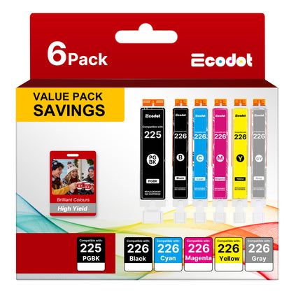 PGI-225 CLI-226 Ink Cartridges Compatible for Canon 225 226 Ink Work for Canon Pixma MG6220 MG6120 MG5320 MX882 MX892 Printer (6 Pack)