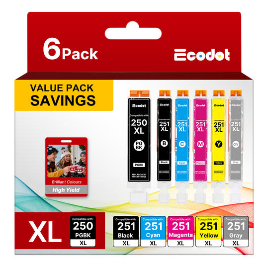 250 251 Ink Cartridges Compatible for Canon PGI250XL CLI251XL Work for CAnon PIXMA MX922 MX920 IP8720 IX6820 IP7220 MG5520 MG5420 MG7520 MG6320 Printer 6 Pack (Black,Cyan,Magenta,Yellow, PGBK,Gray)