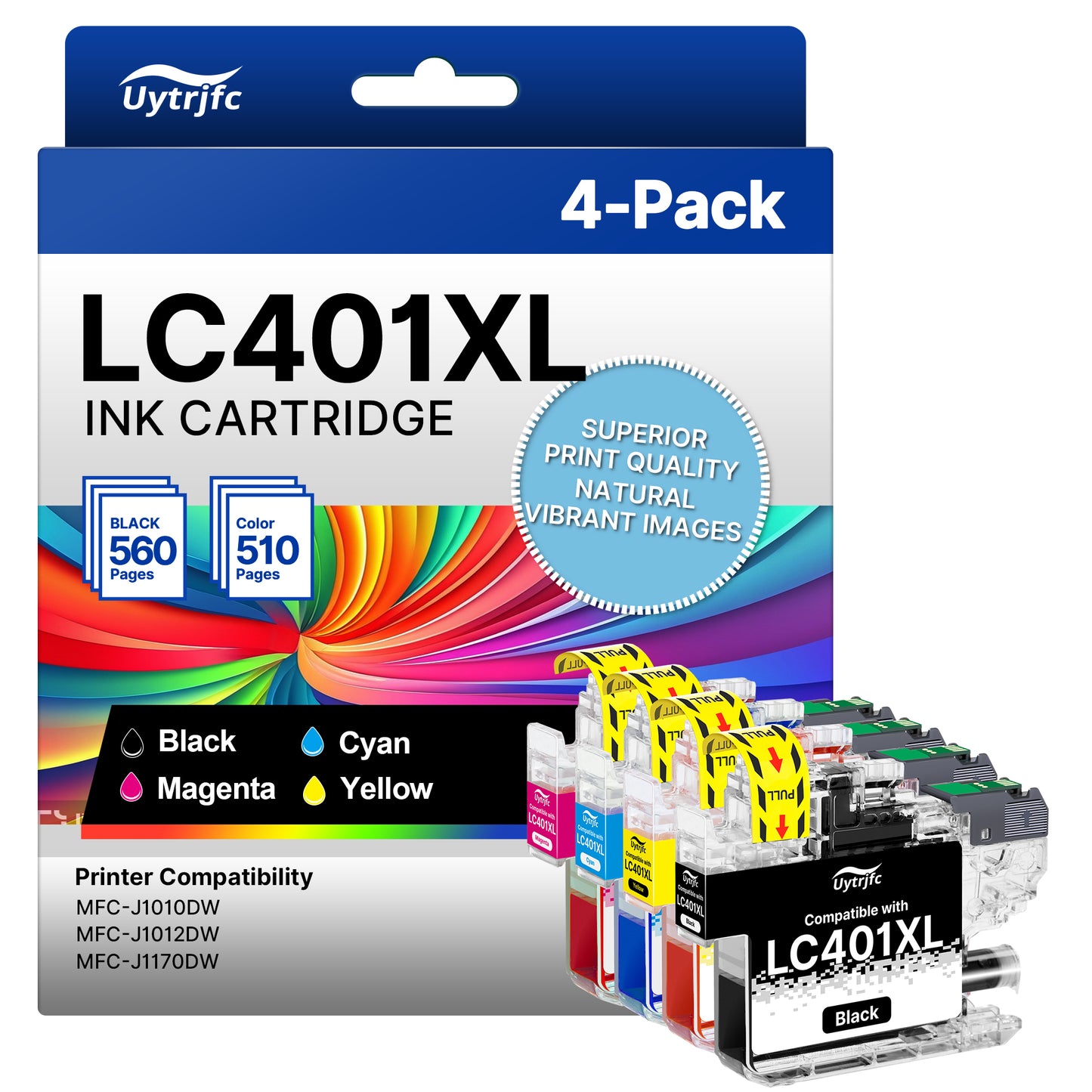 LC401XL LC401 Ink Cartridges Compatible for Brother LC401XL High Yield Work with MFC-J1010DW MFC-J1170DW MFC-J1012DW MFC-J1800DW Printer ( Black Cyan Magenta Yellow, 4 Pack)