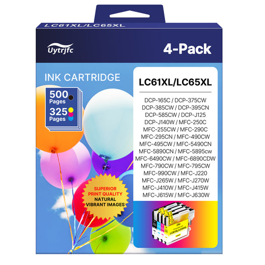 LC61 LC65 XL Ink Cartridges Compatible for Brother LC61 LC65 High Yield Work with MFC-J615W MFC-5895CW MFC-290C MFC-5490CN MFC-790CW MFC-J630W Printer ( Black Cyan Magenta Yellow, 4 Pack)