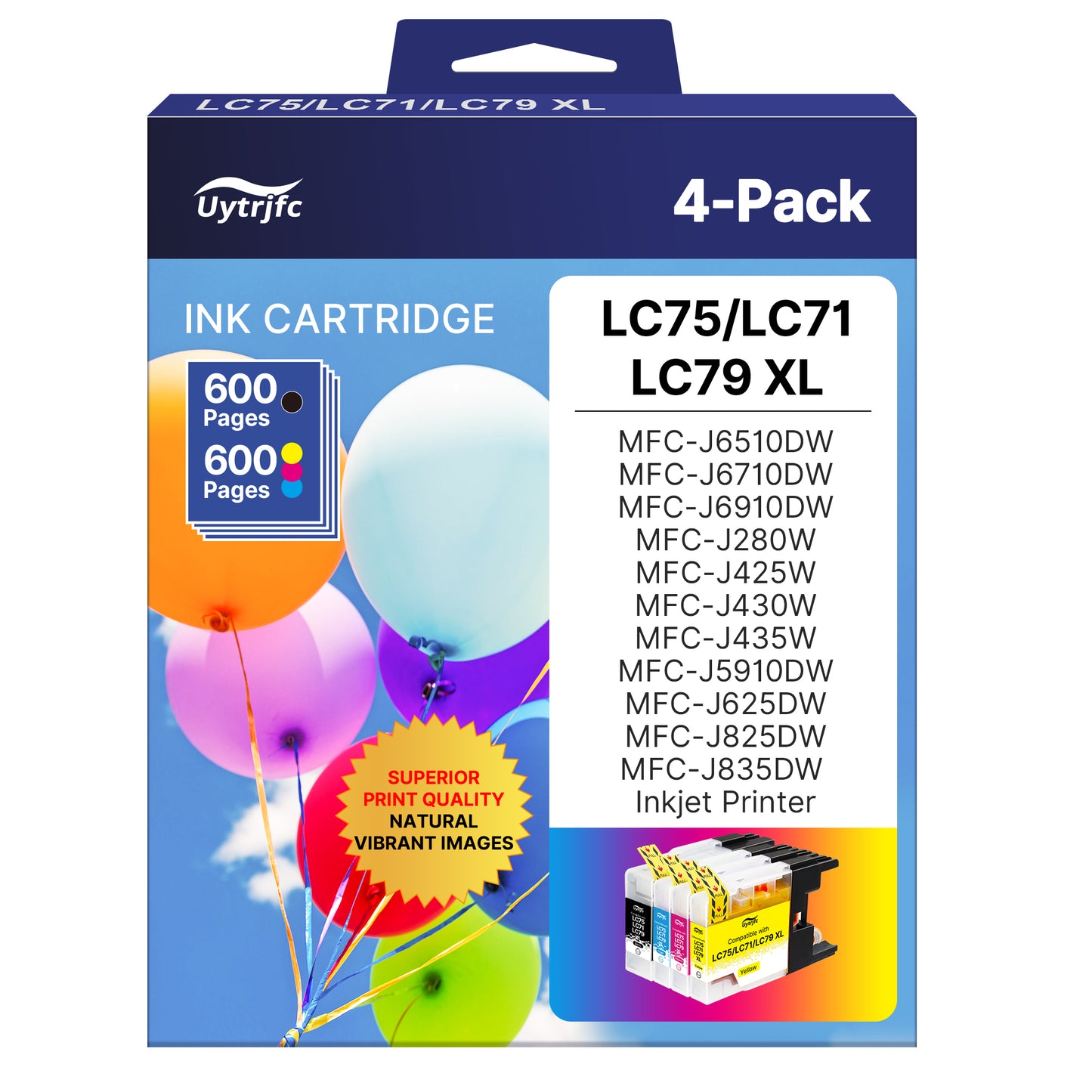 LC75 LC71 LC79 XL Ink Cartridges Compatible for Brother LC75 LC71 High Yield Work with MFC J280W J825DW J430W J835DW J625DW J425W J6710DW J280W J6910DW J5910DW J6510DW J435W Printer, 4 Pack