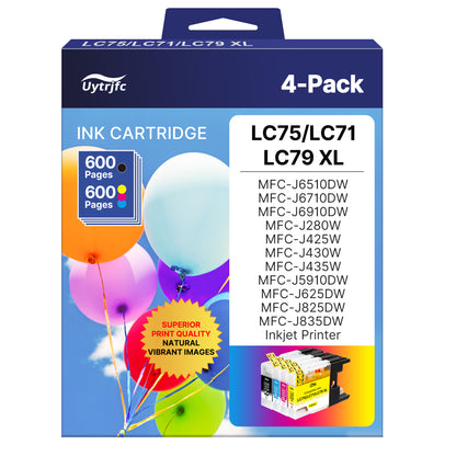 LC75 LC71 LC79 XL Ink Cartridges Compatible for Brother LC75 LC71 High Yield Work with MFC J280W J825DW J430W J835DW J625DW J425W J6710DW J280W J6910DW J5910DW J6510DW J435W Printer, 4 Pack